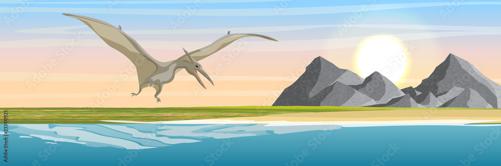 Flying reptile pteranodon in the sky over the island with volcanoes and mountains. Sea. Prehistoric animals and plants. Vector landscape of the Mesozoic era. Pterodactyl