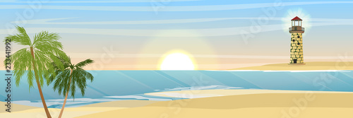 Island in the ocean  a sandy beach and coconut trees. Waves  sea  sea foam. Burning lighthouse. Summer seaside vacation and travel. Vector landscape. tourism  vacations