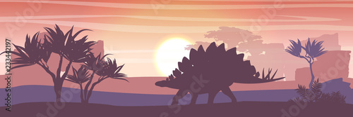 Silhouette of a large stegosaurus against the background of trees and rocks. Prehistoric fauna and flora. Animals of the Mesozoic and Paleozoic. Vector landscape