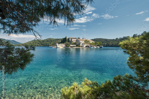 Landscape with trees and blue lake. Mljet National Park, Croatia