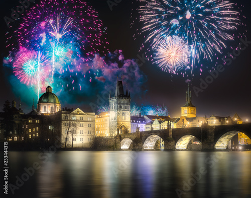 Beautiful fireworks above Charles bridgeat at night, Prague, Czech Republic