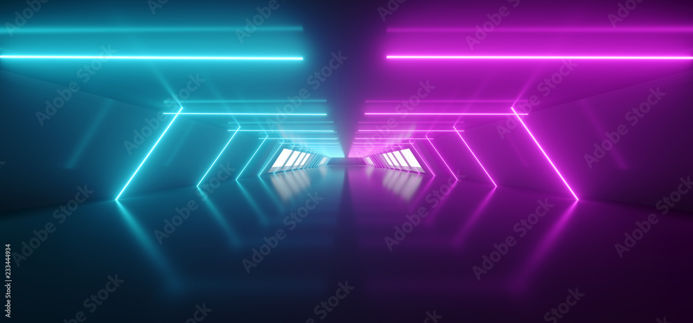 Modern Futuristic Sci Fi Alien Ship Reflective Dark Empty Long Corridor Tunnel With Big White Windows And Purple Blue Abstract Shaped Neon Glowing Lines Background 3D Rendering Modern Futuristic Sci Fi Alien Ship Reflective Dark Empty Long Corridor Tunnel With Big White Windows And Purple Blue Abstract Shaped Neon Glowing Lines Background 3D Rendering