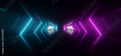 Modern Futuristic Sci Fi Alien Ship Reflective Dark Empty Long Corridor Tunnel With Big White Windows And Purple Blue Triangle Shaped Neon Glowing Lines Background 3D Rendering