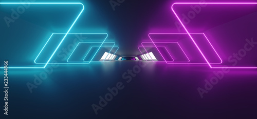 Modern Futuristic Sci Fi Alien Ship Reflective Dark Empty Long Corridor Tunnel With Big White Windows And Purple Blue Abstract Shaped Neon Glowing Lines Background 3D Rendering