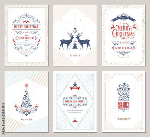 Elegant vertical winter holidays greeting cards with New Year tree, reindeers, gift box, Christmas ornaments and ornate typographic design. Vector illustration.