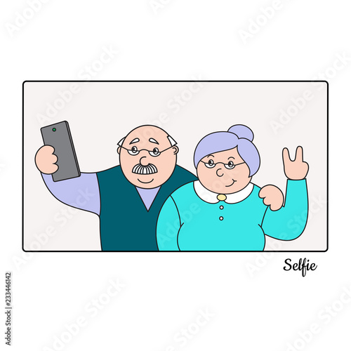 vector illustrationold happy old  man and old lady making selfies on the phone,family photo portrait of grandparents,cartoon design