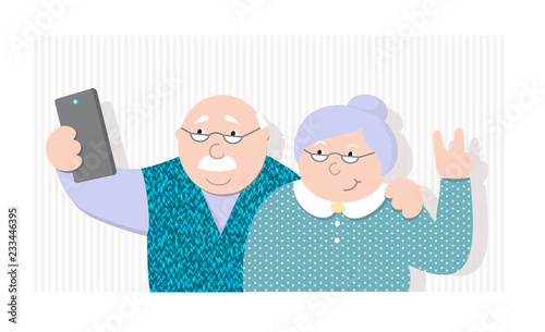 vector illustrationold happy old  man and old lady making selfies on the phone,family photo portrait of grandparents,cartoon design