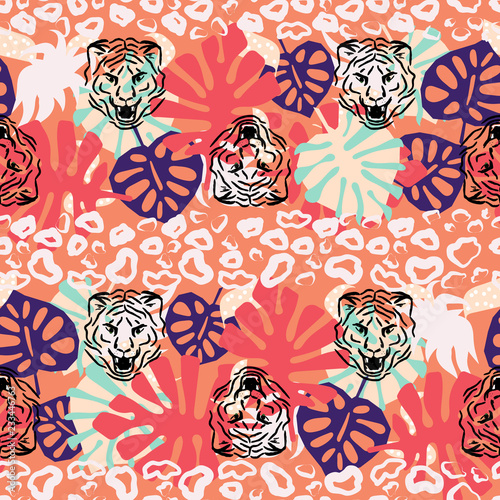 Photography Jungle seamless vector pattern with wild cats and tropical plants in red coral colors