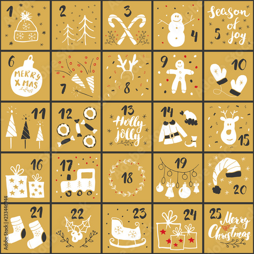 Christmas advent calendar. Hand drawn elements and numbers. Winter holidays calendar cards set design, Vector illustration