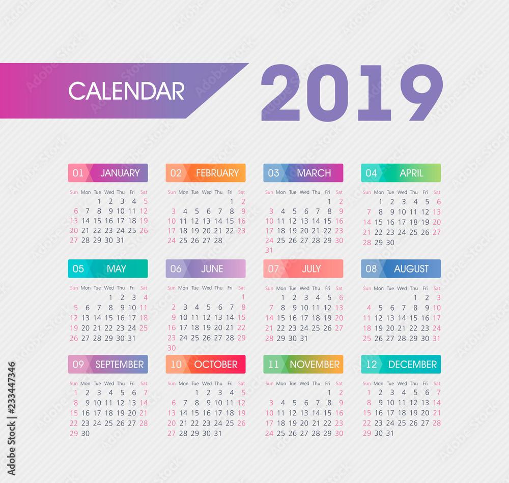 Calendar 2019 year. Week starts from Sunday Calendar 2019 year. Week starts from Sunday