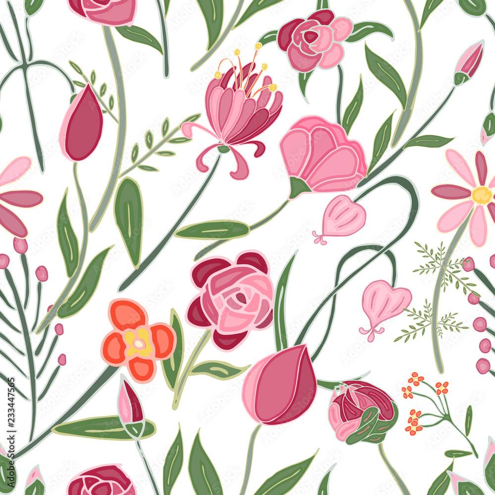 Vector Romantic hand drawn background with flowers. Vintage seamless pattern illustration.