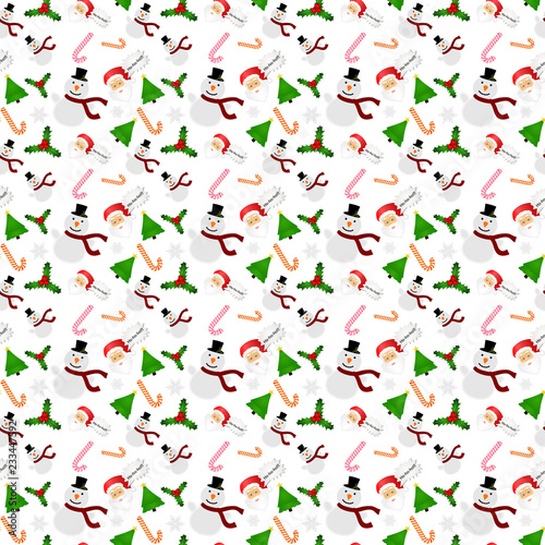 Christmas seamless pattern with Santa, Christmas tree, snowman, snowflake
