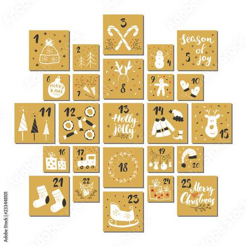 Christmas advent calendar. Hand drawn elements and numbers. Winter holidays calendar cards set design, Vector illustration
