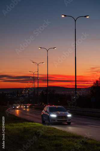 Evening  car traffic with color sky