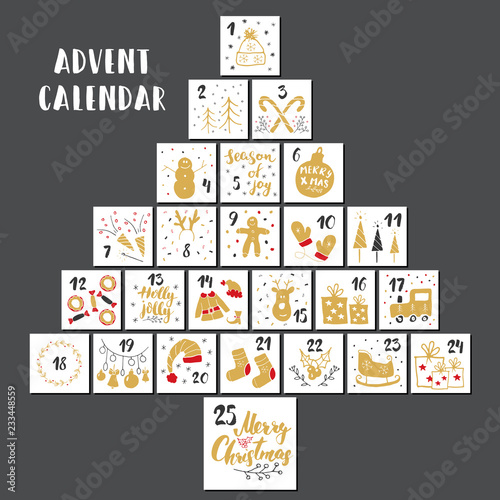 Christmas advent calendar. Hand drawn elements and numbers. Winter holidays calendar cards set design  Vector illustration