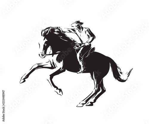 Hand drawn man with revolver riding horse. Western cowboy chase vector illustration. Black isolated on white background