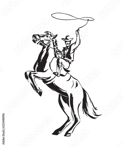 Hand drawn cowboy with lasso on rearing horse. Rodeo vector illustration. Black isolated on white background