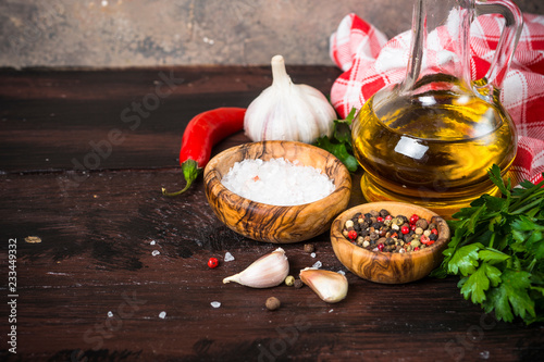  Ingredients for cooking on wooden background.