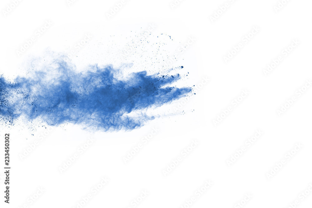 Blue powder explosion on white background. Colored cloud. Colorful dust explode. Paint Holi.