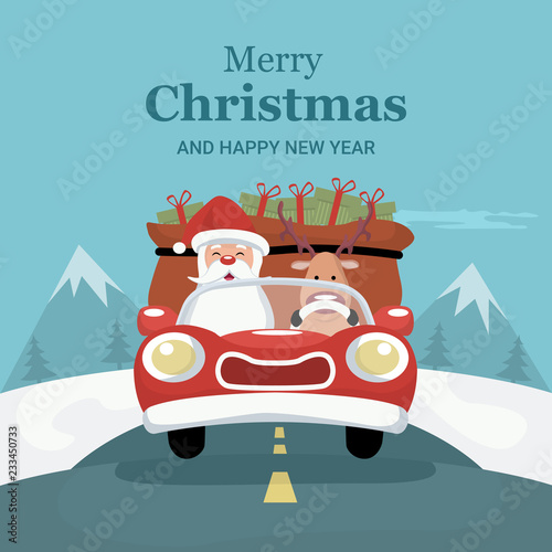 Reindeer Christmas card driving car with Santa Claus