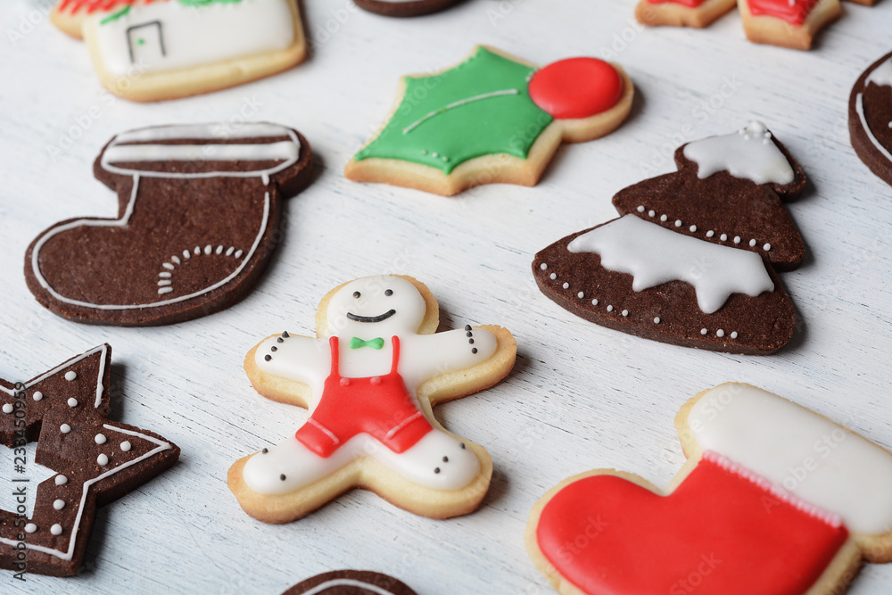 Close up view of colorful christmas cookies