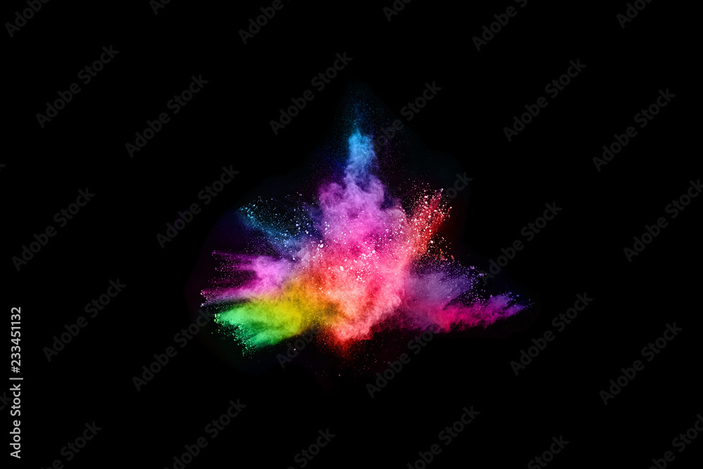 Fototapeta premium abstract colored dust explosion on a black background.abstract powder splatted background,Freeze motion of color powder exploding/throwing color powder, multicolored glitter texture.