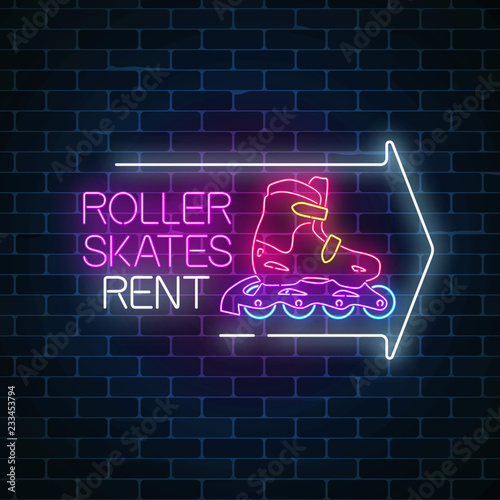 Roller skates rent glowing neon sign with guide arrow. Skate zone symbol in neon style. Vector illustration.