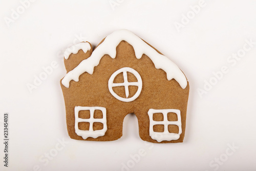 Christmas cookies, gingerbread In the form of a house isolated white background. Christmas background