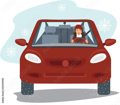 Happy young woman driving the red car