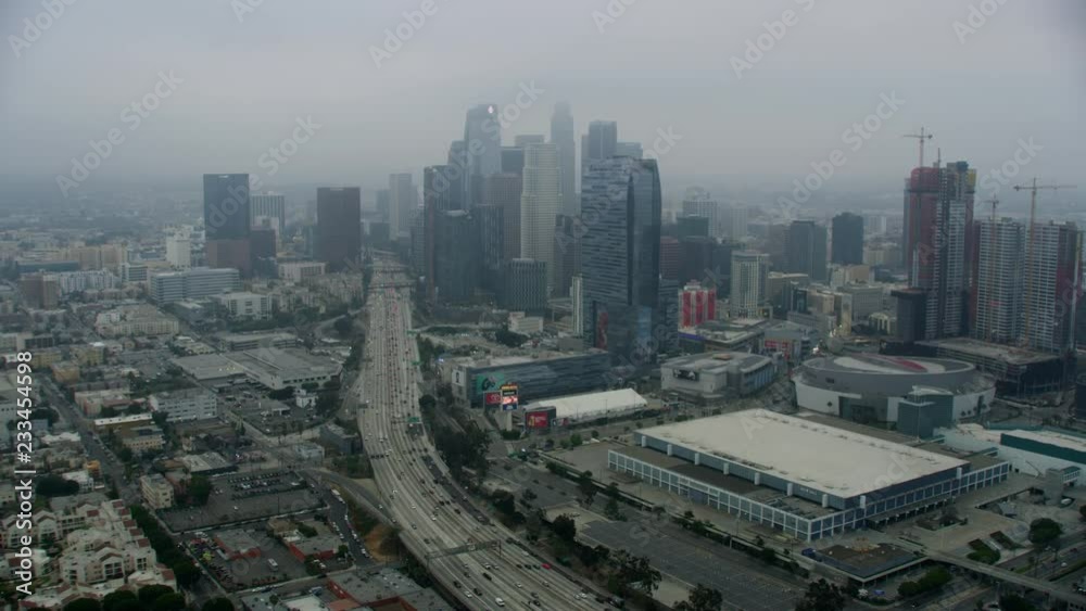 Aerial view vehicle Freeway flyover Los Angeles California Aerial view vehicle Freeway flyover Los Angeles California