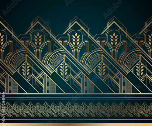 Gold art deco seamless border on dark turquoise background