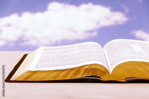 Big opened book on blurred natural background