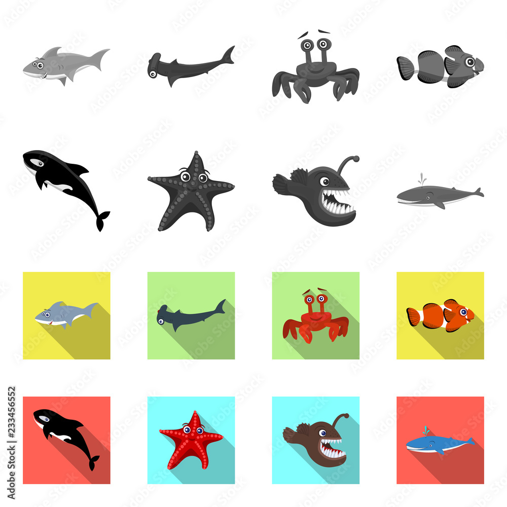 Vector illustration of sea and animal sign. Set of sea and marine stock symbol for web. Vector illustration of sea and animal sign. Set of sea and marine stock symbol for web.
