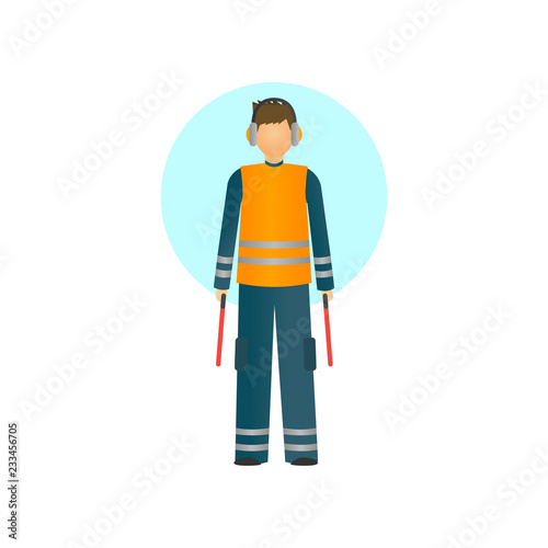 Special worker in reflective clothing showing signals for the aircraft.