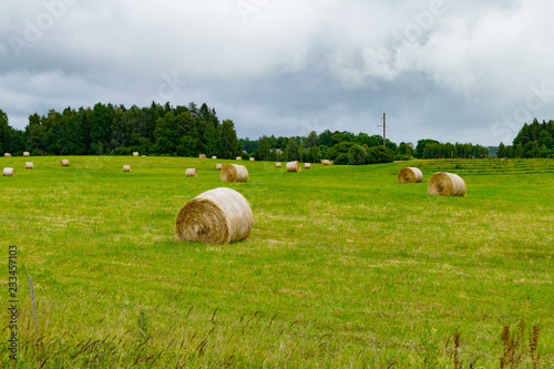 beautiful view of heystacks on the field background photo