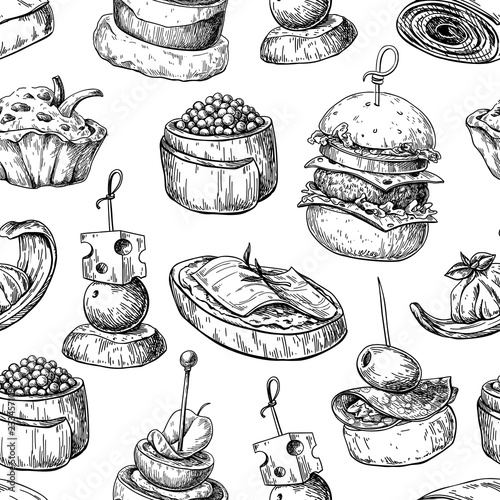 Finger food vector seamless pattern. Food appetizer and snack sk photo