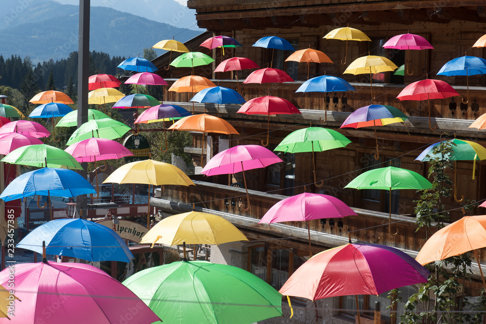 multi color umbrellas floating in Werfenweng multi color umbrellas floating in Werfenweng