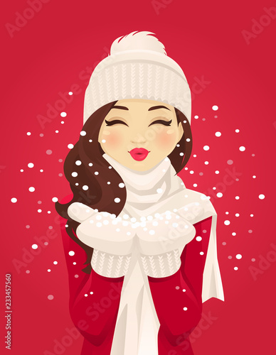 Beautiful young woman blowing snowflakes from her hands on red background vector illustration