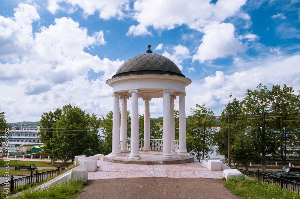 Kostroma, Russia - July 9, 2013: Gazebo of Ostrovsky. View of the streets of the old Russian city