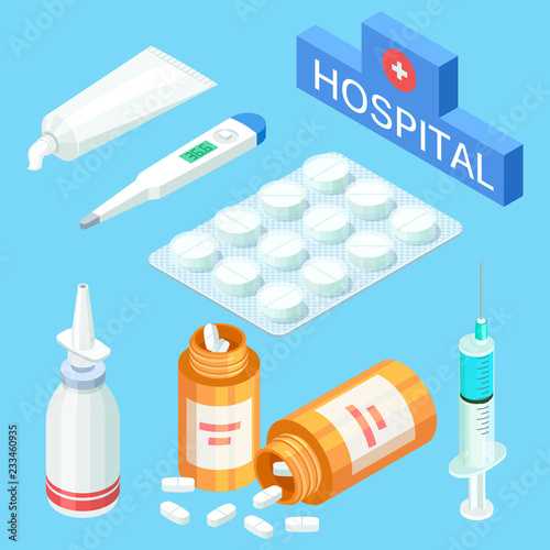 Medical tools and drugs, vitamins. Vector 3d isometric medicine elements illustration