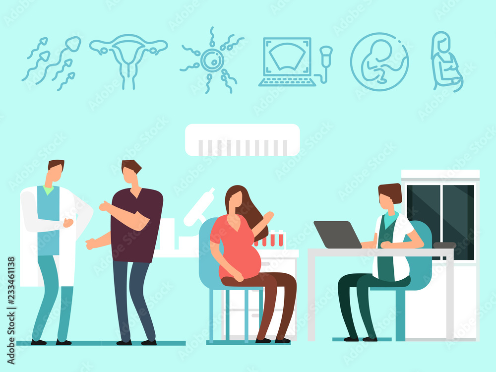 Young future parents have visit to doctors. Pregnant woman and her husband in gynecology. Vector illustration