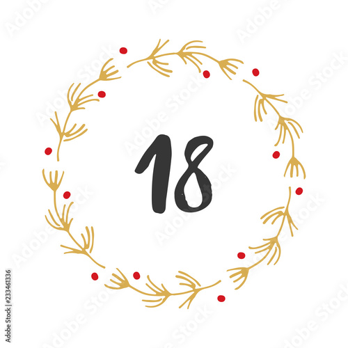 Christmas advent calendar. Hand drawn elements and numbers. Winter holidays calendar card design, Vector illustration