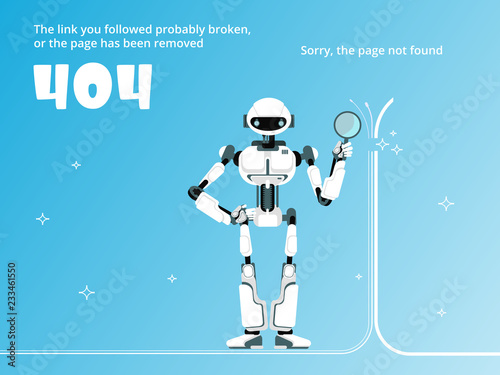 Page not found or 404 Error template with broken wire and robot vector illustration