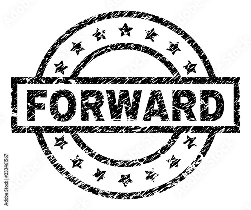 FORWARD stamp seal watermark with distress style. Designed with rectangle, circles and stars. Black vector rubber print of FORWARD text with unclean texture.