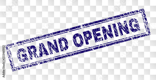 GRAND OPENING stamp seal print with grunge style and double framed rectangle shape. Stamp is placed on a transparent background. Blue vector rubber print of GRAND OPENING title with retro texture.