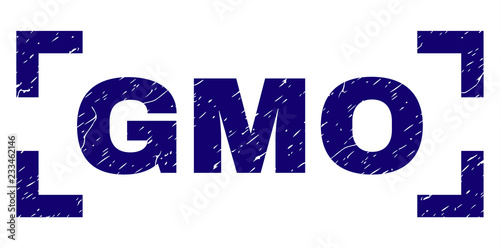 GMO title seal imprint with corroded style. Text title is placed inside corners. Blue vector rubber print of GMO with corroded texture.