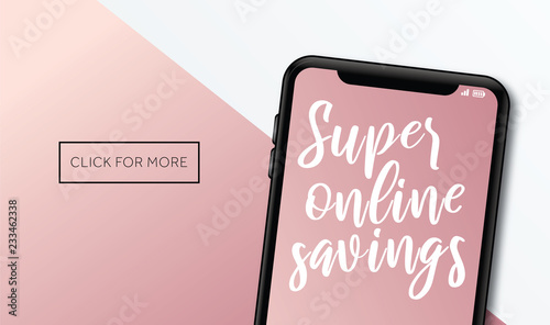 Online sale offer smartphone mock up banner. blush pink promotion template