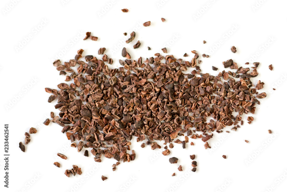 Raw organic cacao nibs on a white background Raw organic cacao nibs on a white background