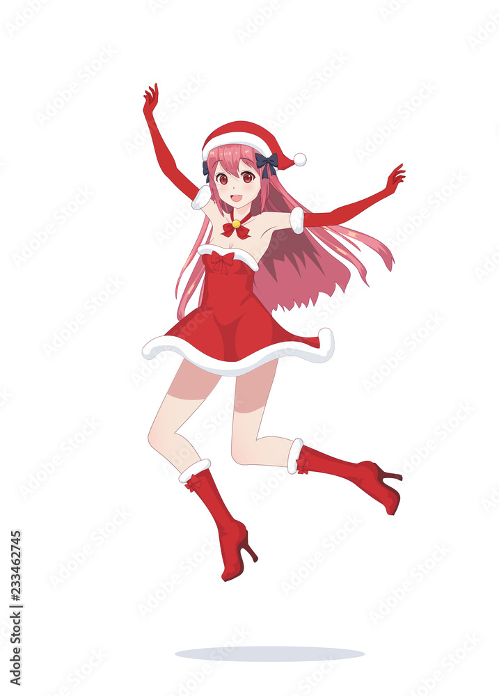 Joyful anime manga girl as Santa Claus in a jump