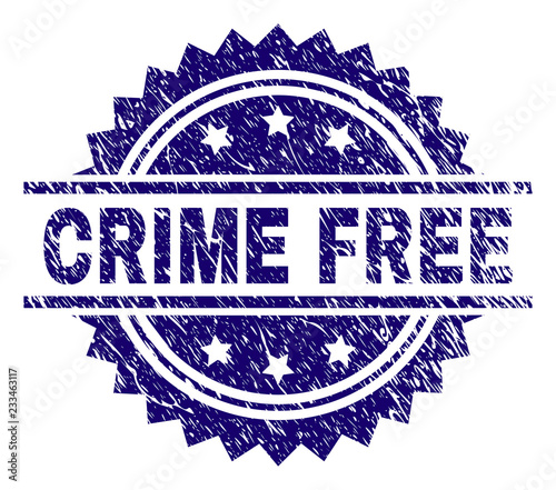 CRIME FREE stamp seal watermark with distress style. Blue vector rubber print of CRIME FREE caption with dust texture.